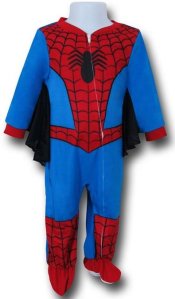 A red, blue, and black Spiderman costume for a child.