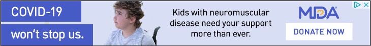 Digital ad with sad disabled child's face, MDA logo, DONATE NOW box. "COVID-19 won't stop us. Kids with neuromuscular disease need your support more than ever